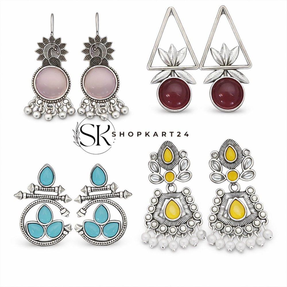 4 Pair Earrings Combo Set – Stylish Oxidised & Contemporary Statement Earrings for Women | Shopkart24