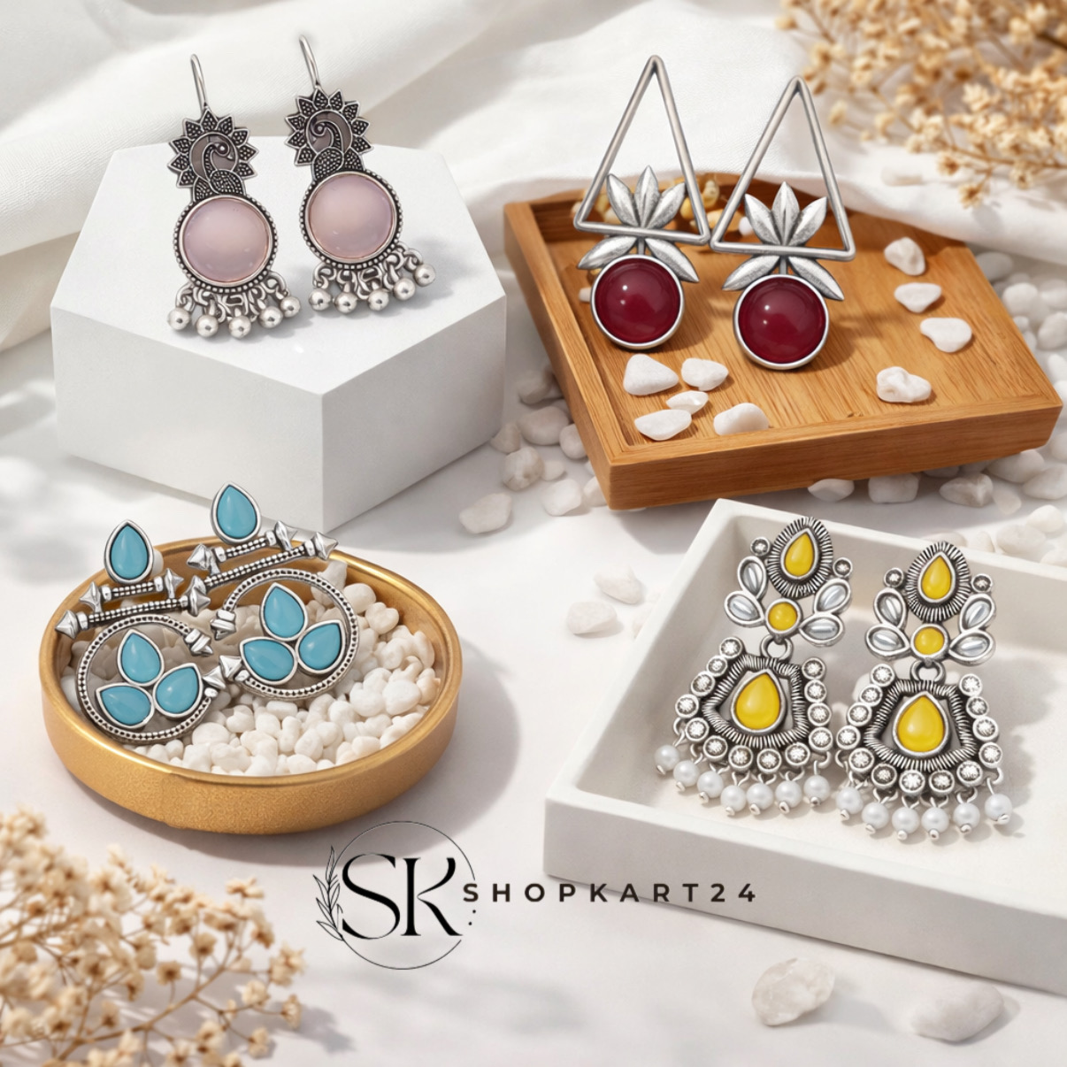 4 Pair Earrings Combo Set – Stylish Oxidised & Contemporary Statement Earrings for Women | Shopkart24