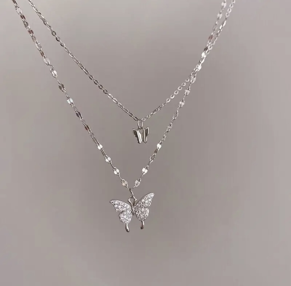 Silver Butterfly Double Layer Chain Pendant