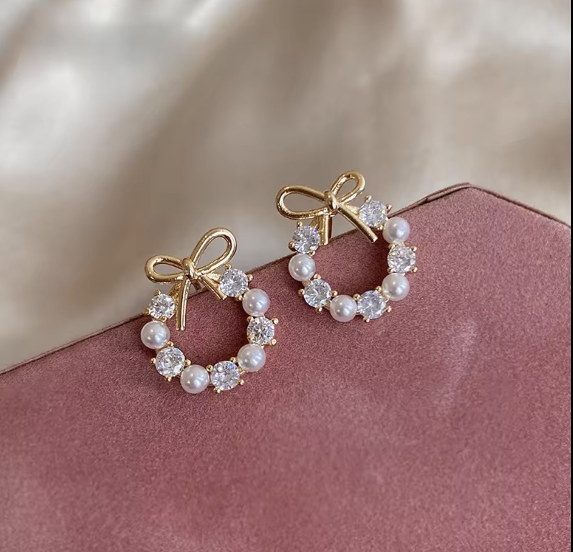Dainty Pearl & Crystal Bow Stud Earrings