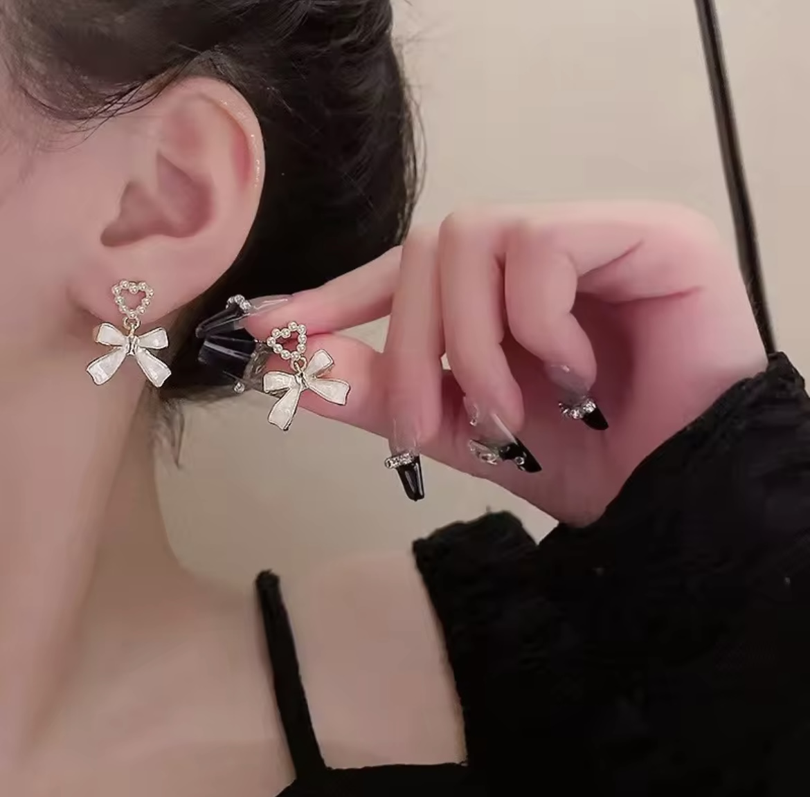 Sweet Pearl Heart & Enamel Bow Drop Earrings