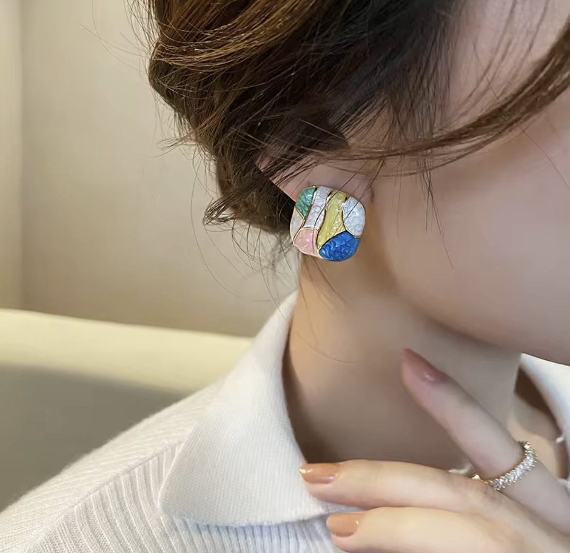 Retro Color Block Enamel Stud Earrings