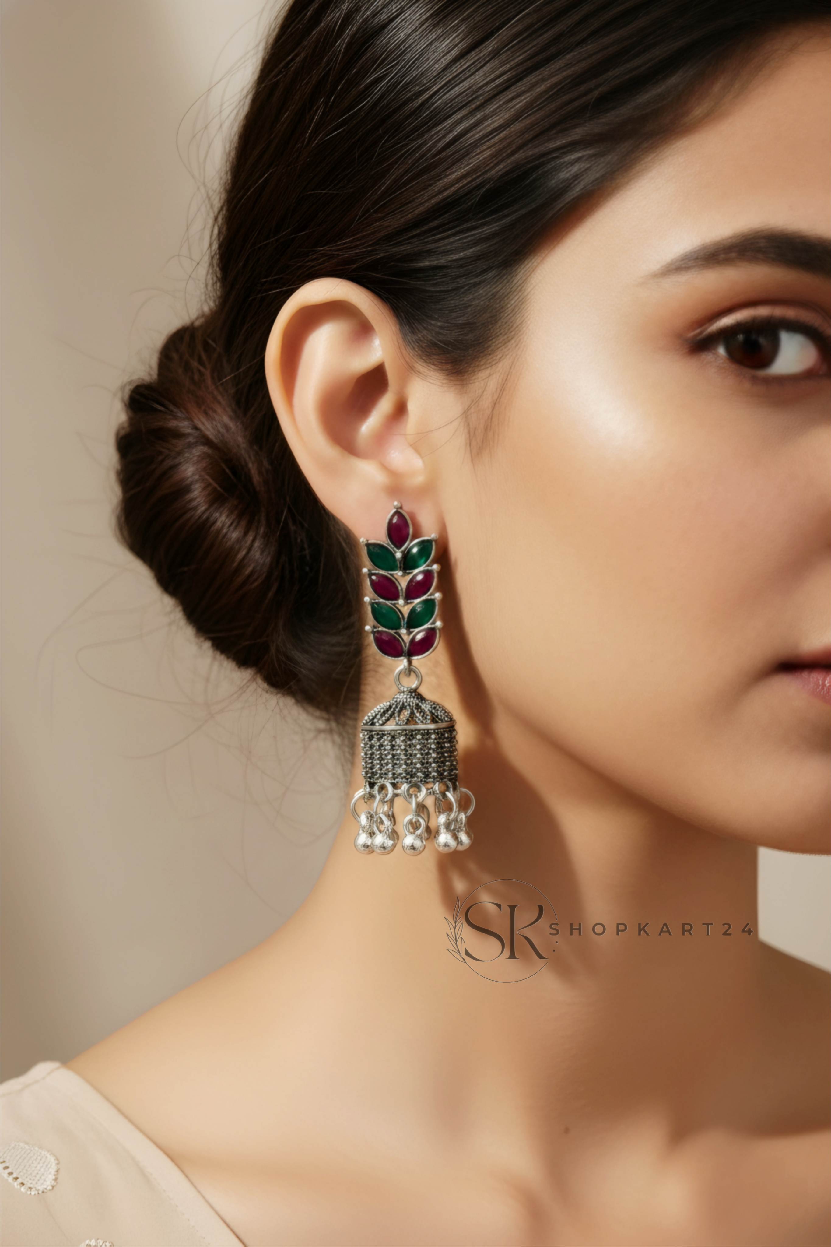 Oxidised Silver Leaf Motif Jhumka Earrings