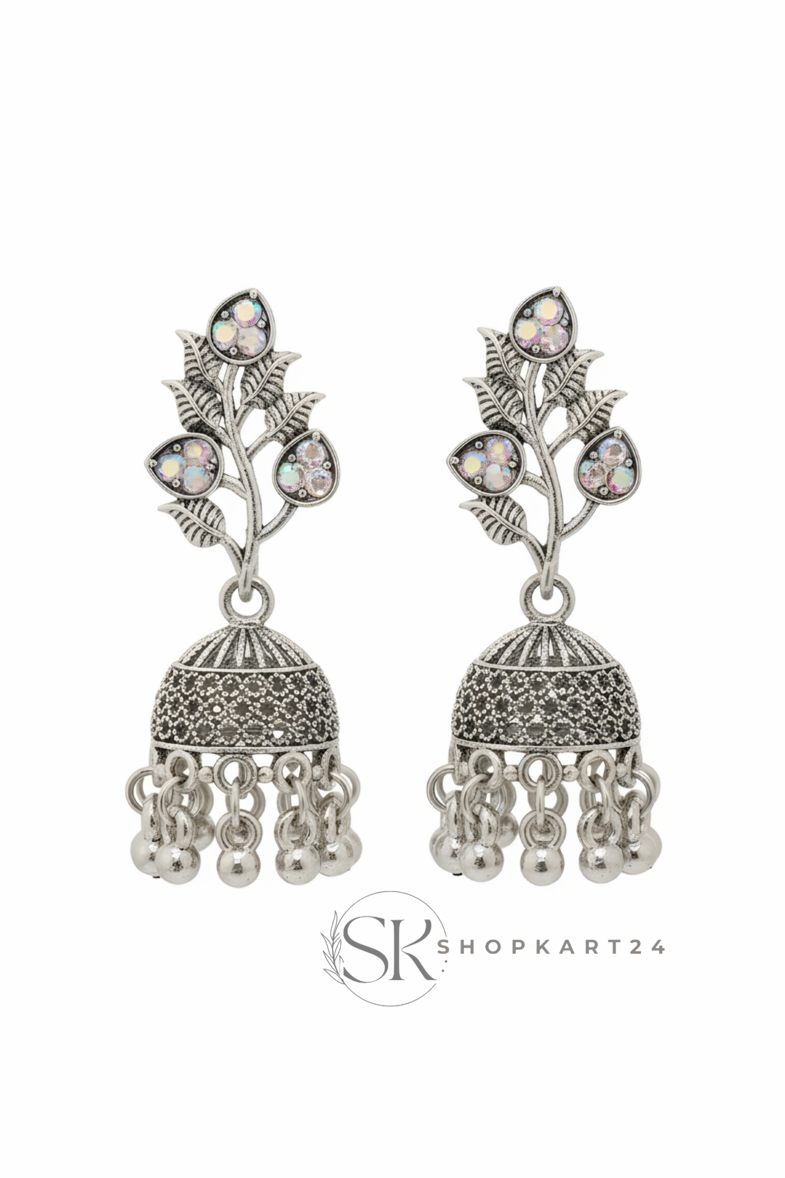 Oxidised Silver Floral Jhumka Earrings