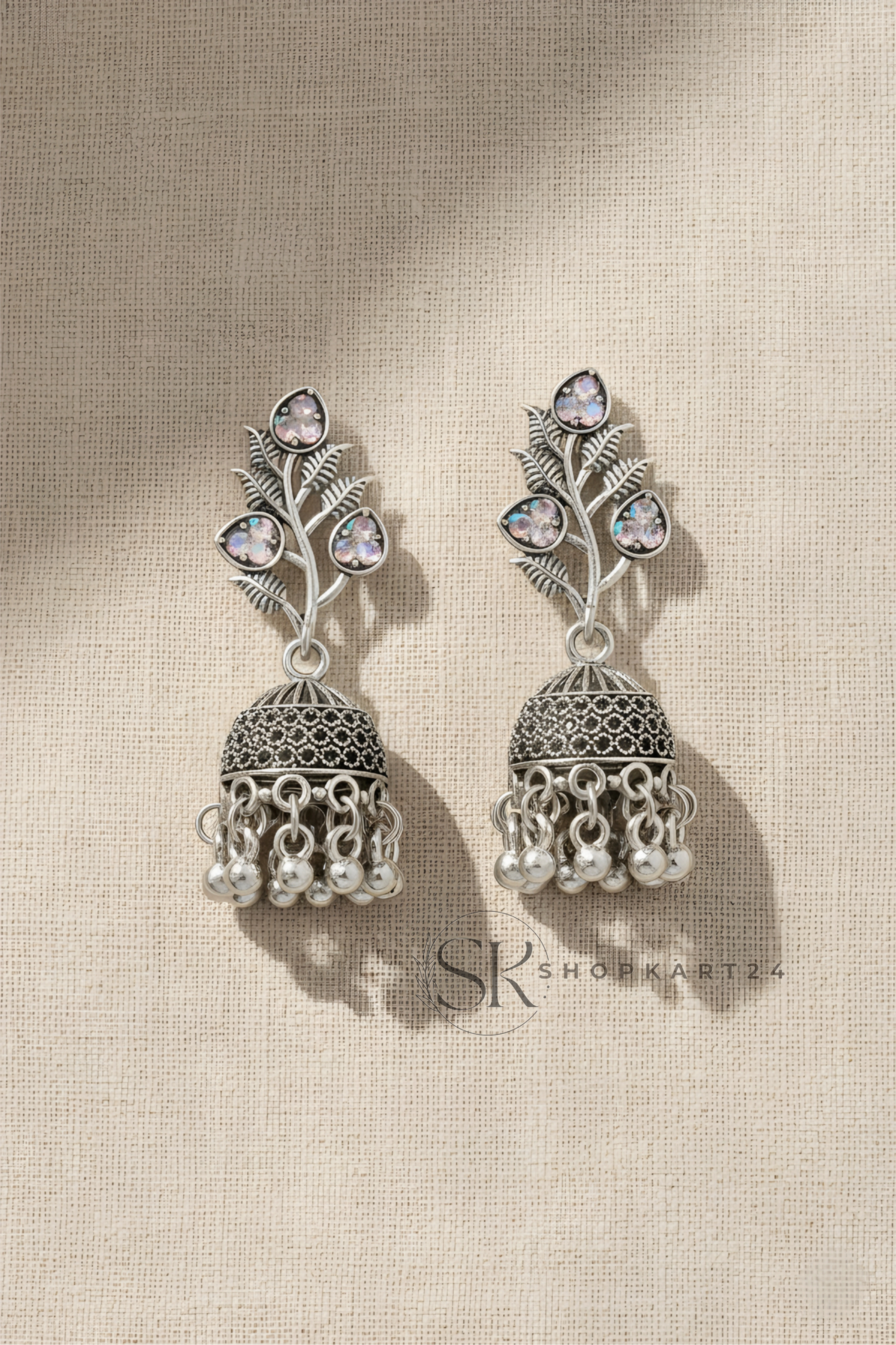 Oxidised Silver Floral Jhumka Earrings
