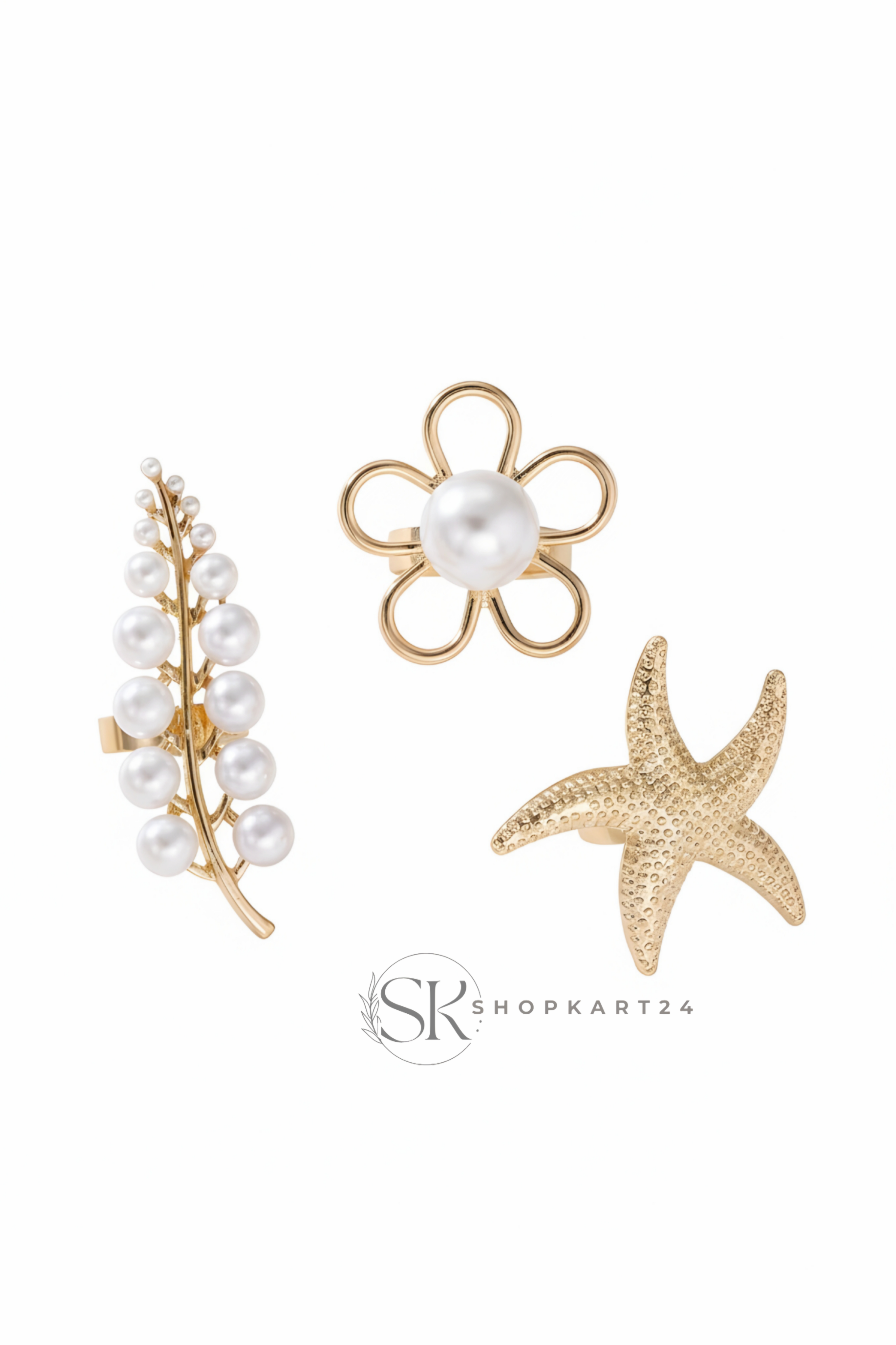 Pearl Flower & Starfish Adjustable Alloy Ring Set for Women