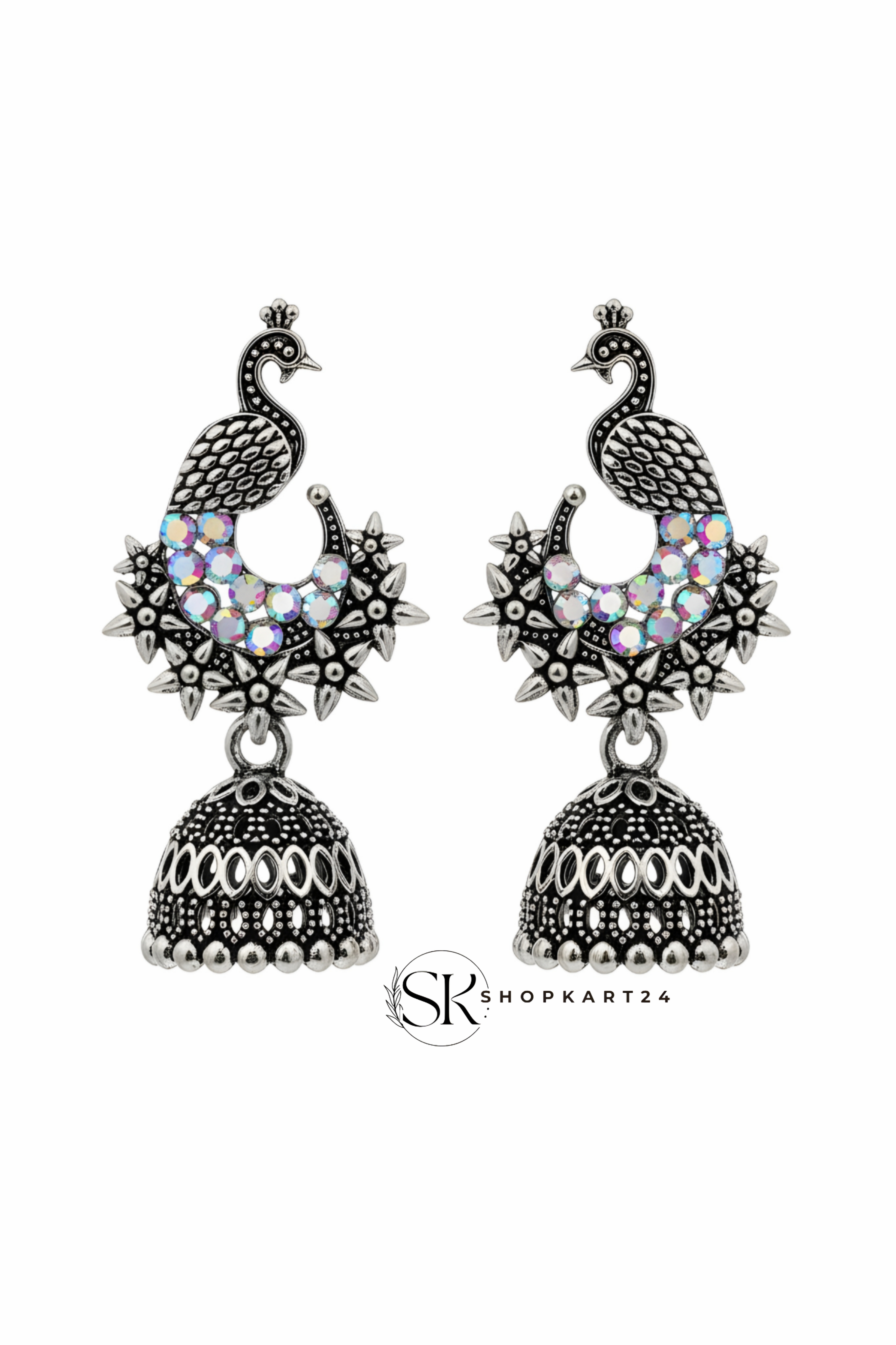 Peacock Design Oxidised Silver Jhumki Earrings for Women