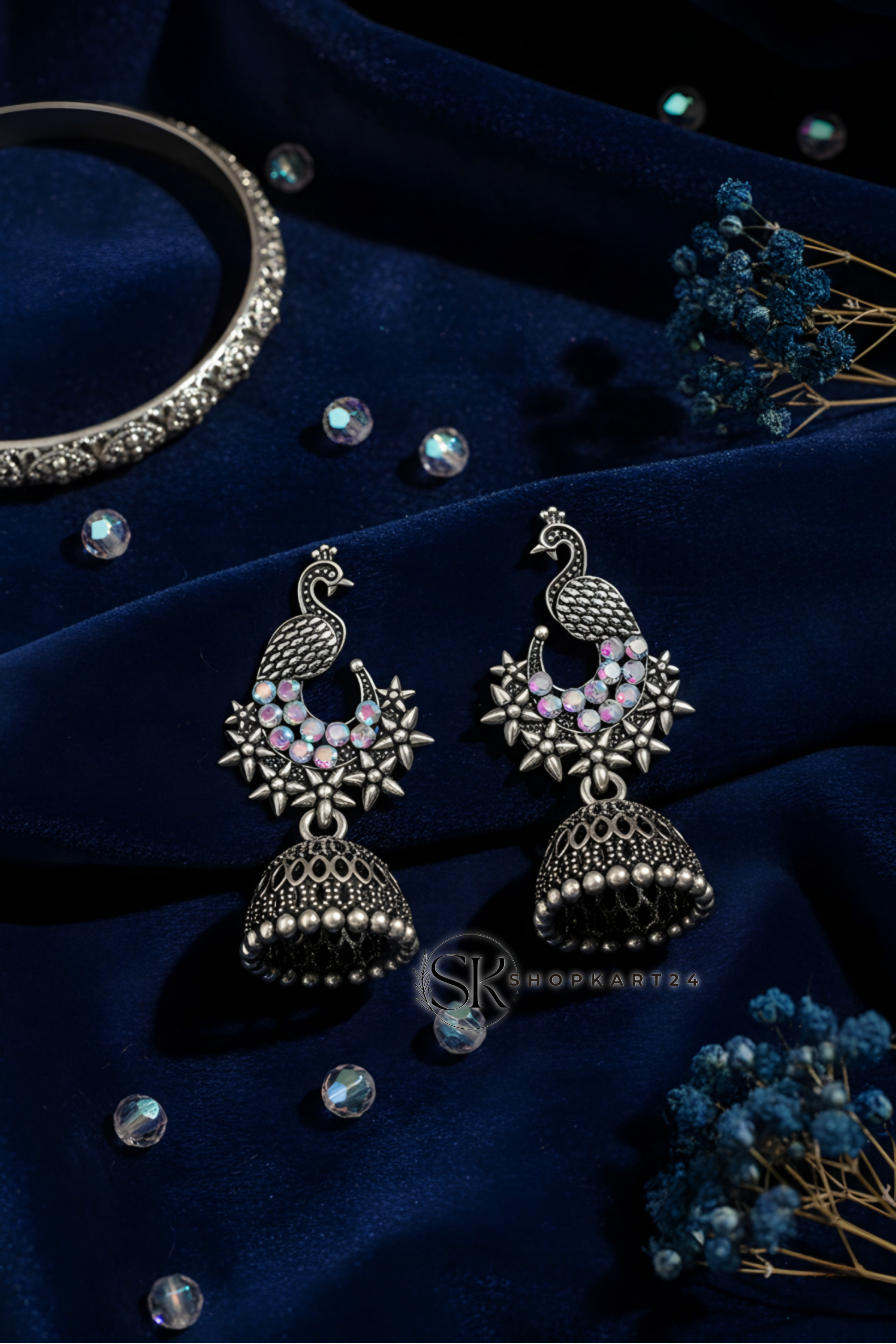 Peacock Design Oxidised Silver Jhumki Earrings for Women