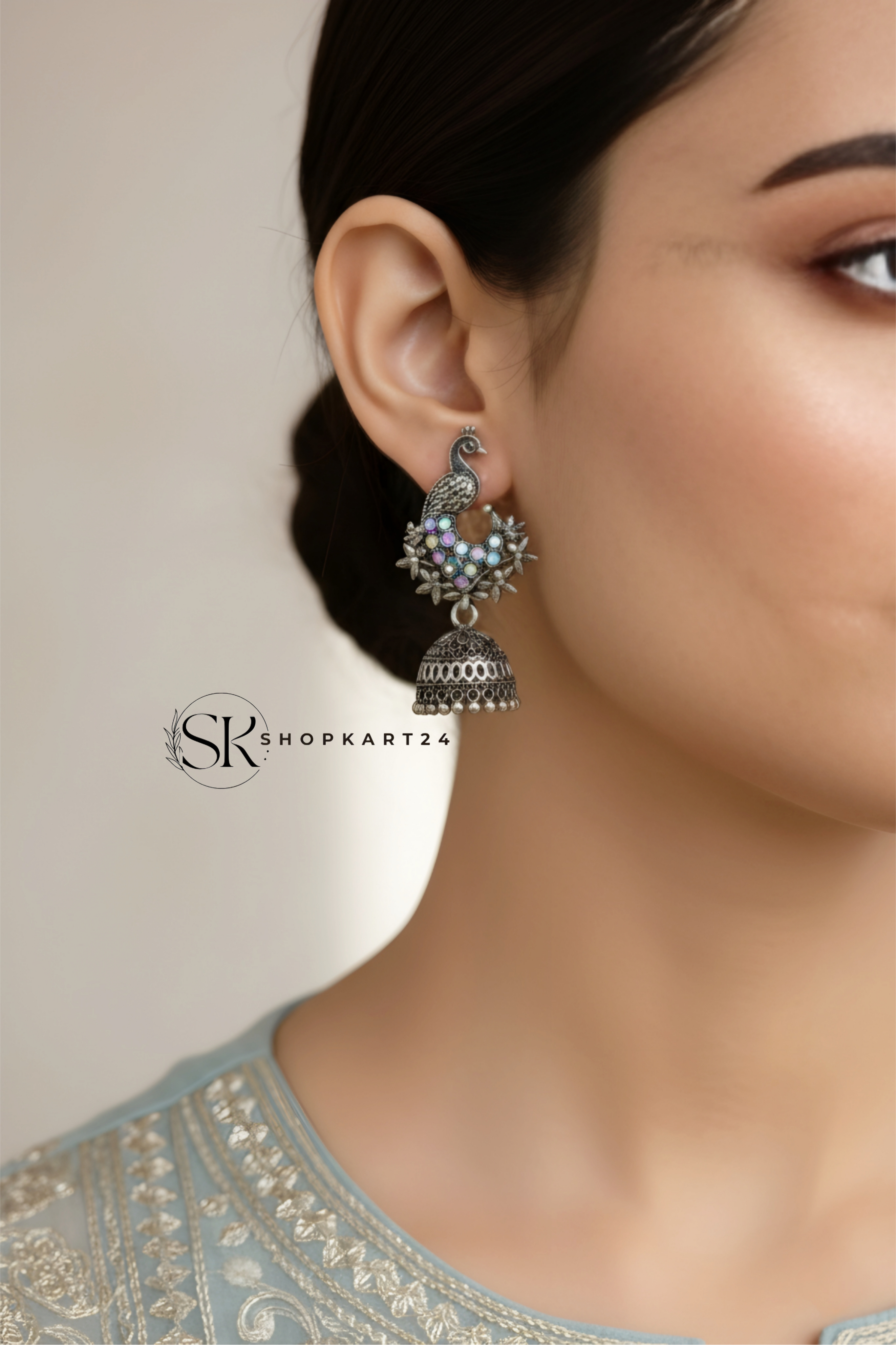 Peacock Design Oxidised Silver Jhumki Earrings for Women