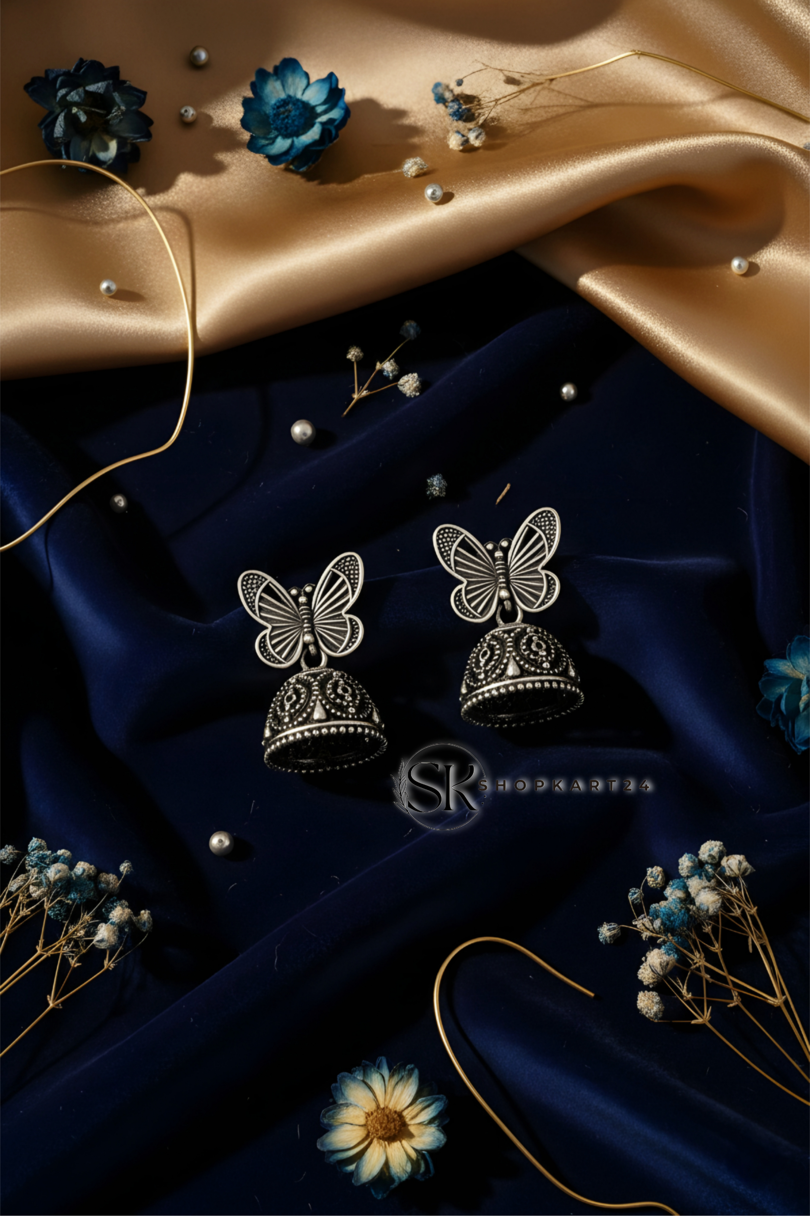 Butterfly Design Oxidised Silver Jhumki Earrings for Women