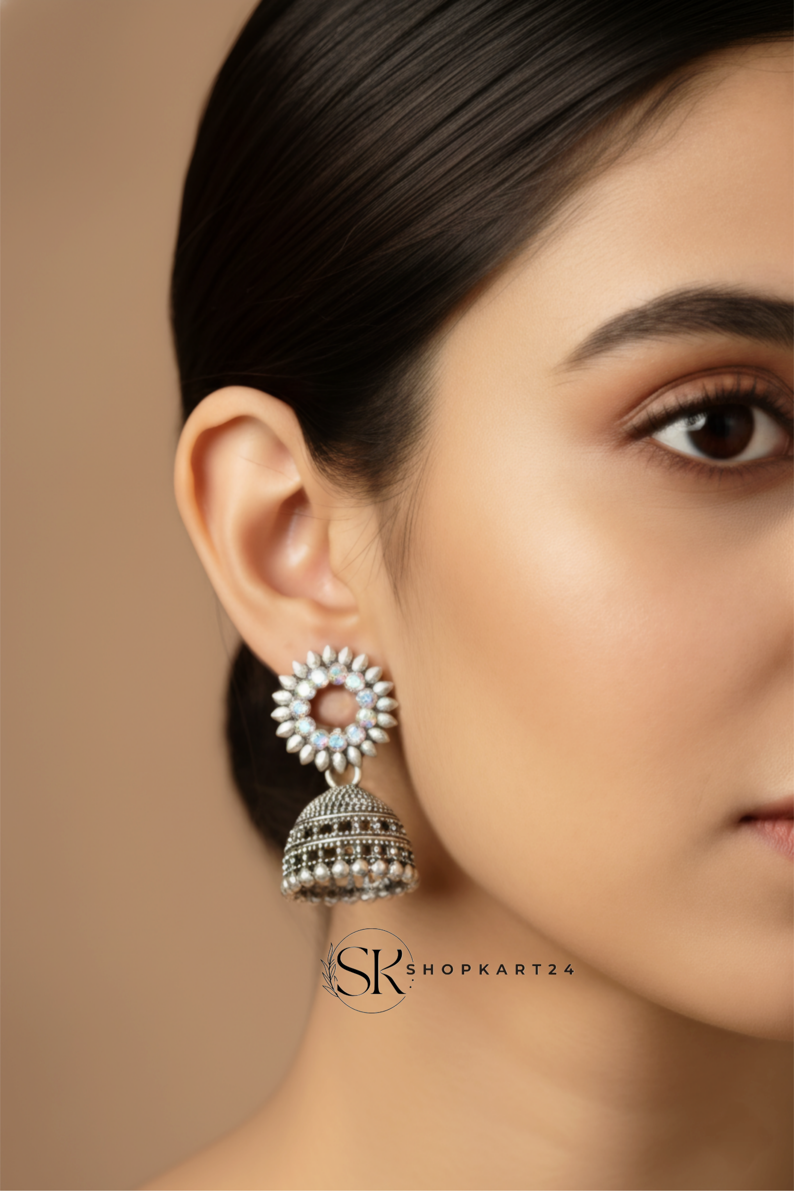 Crystal Stone Oxidised Silver Jhumki Earrings for Women