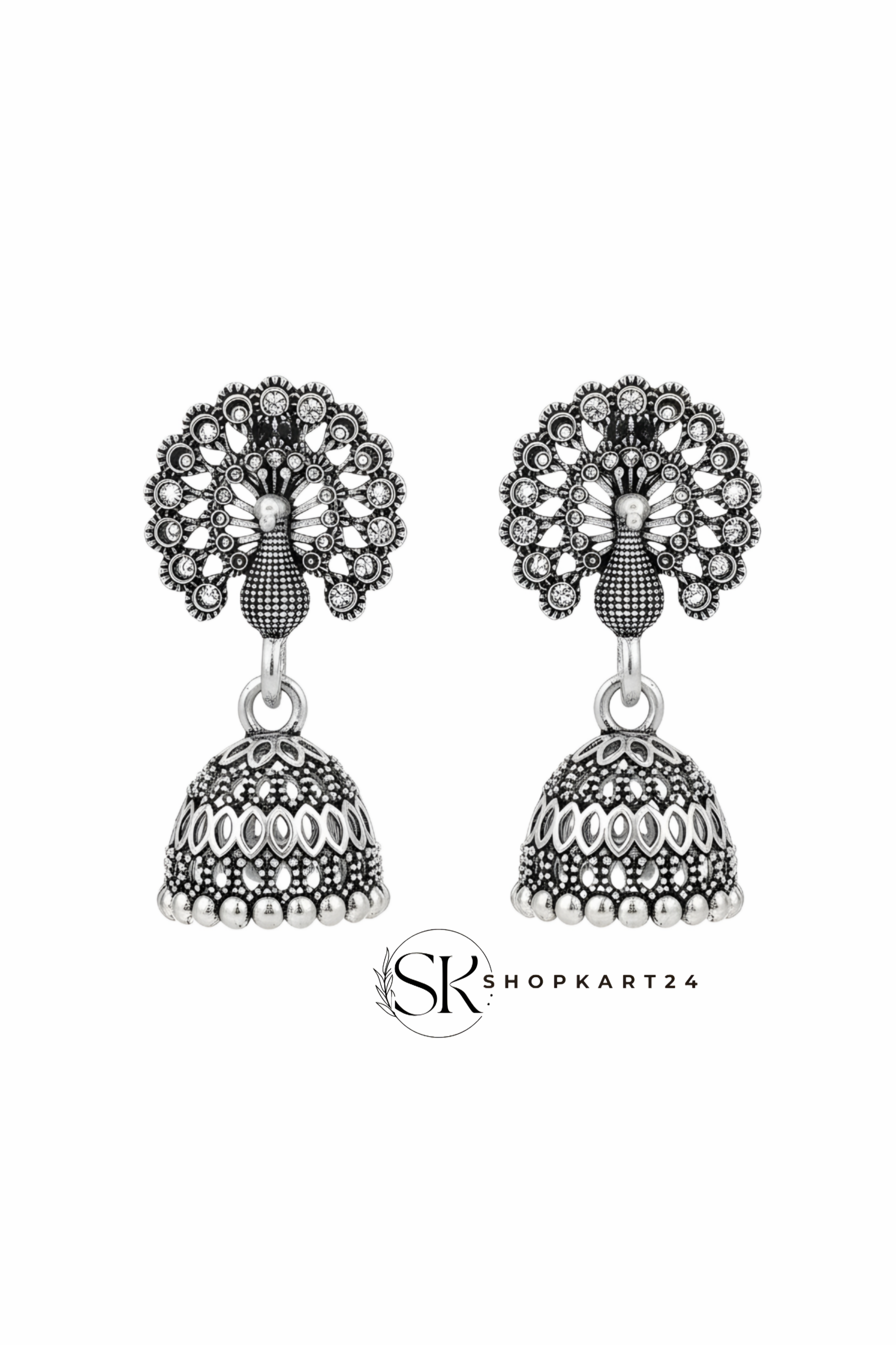 Peacock Motif Oxidised Silver Jhumki Earrings for Women