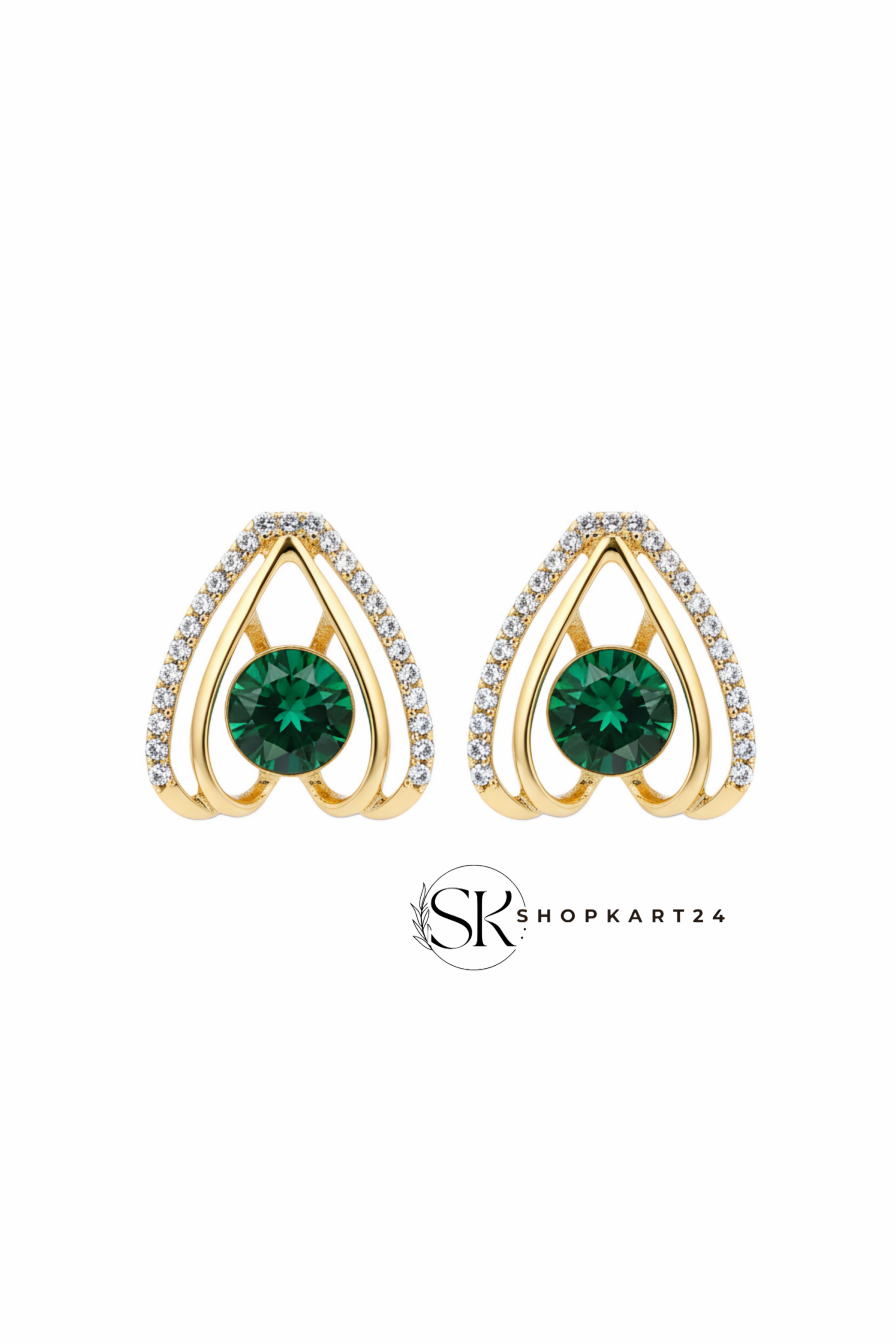 Korean Green Stone Gold Stud Earrings for Women