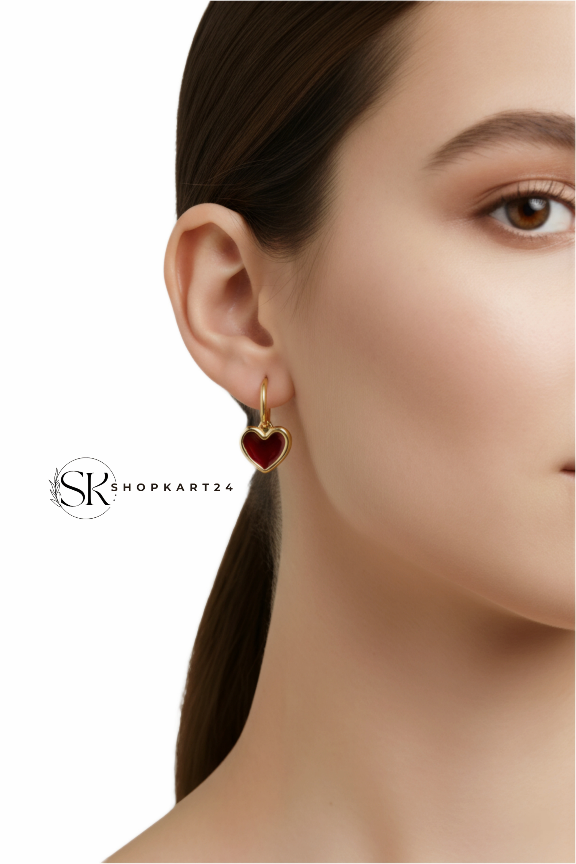 Red Heart Gold Hoop Drop Earrings for Women