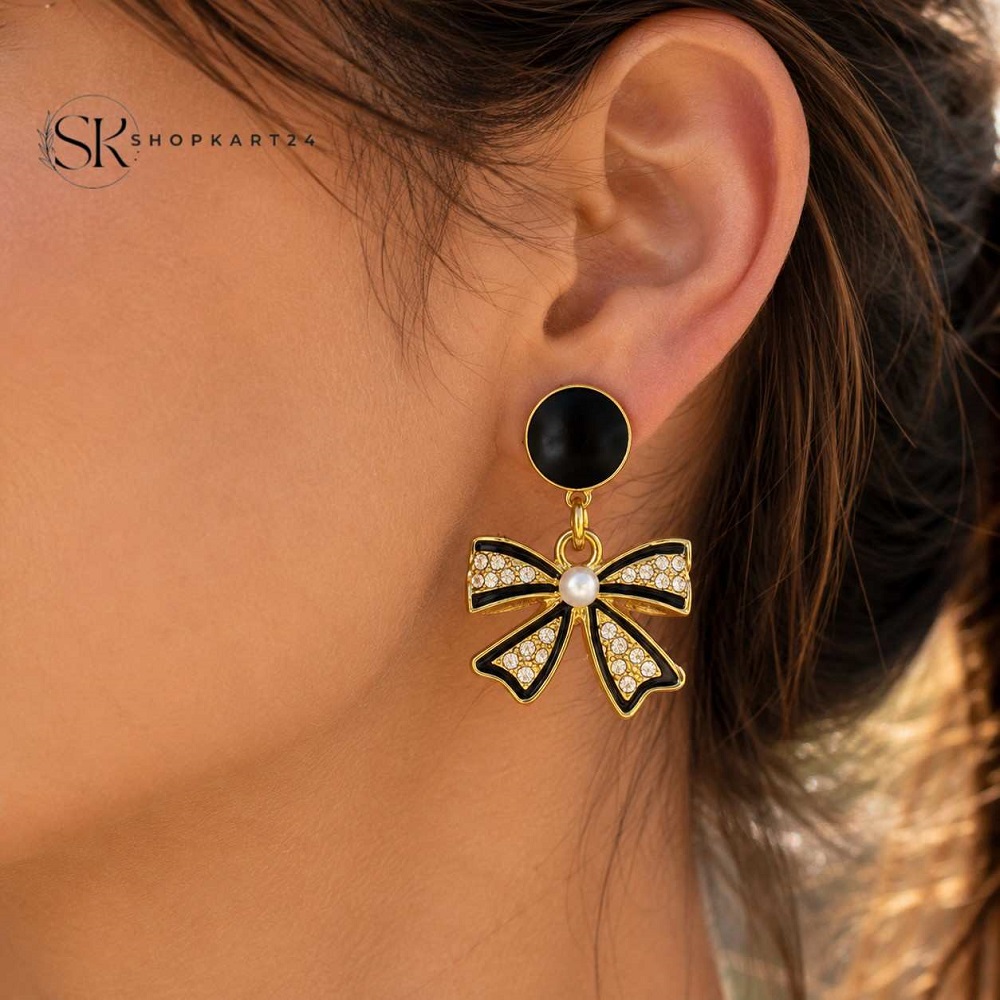 Black Velvet Sparkle Bow Earrings