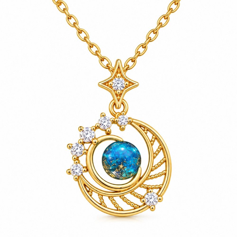 Blue Gemstone Crescent Moon Korean Stainless Steel Pendant Necklace