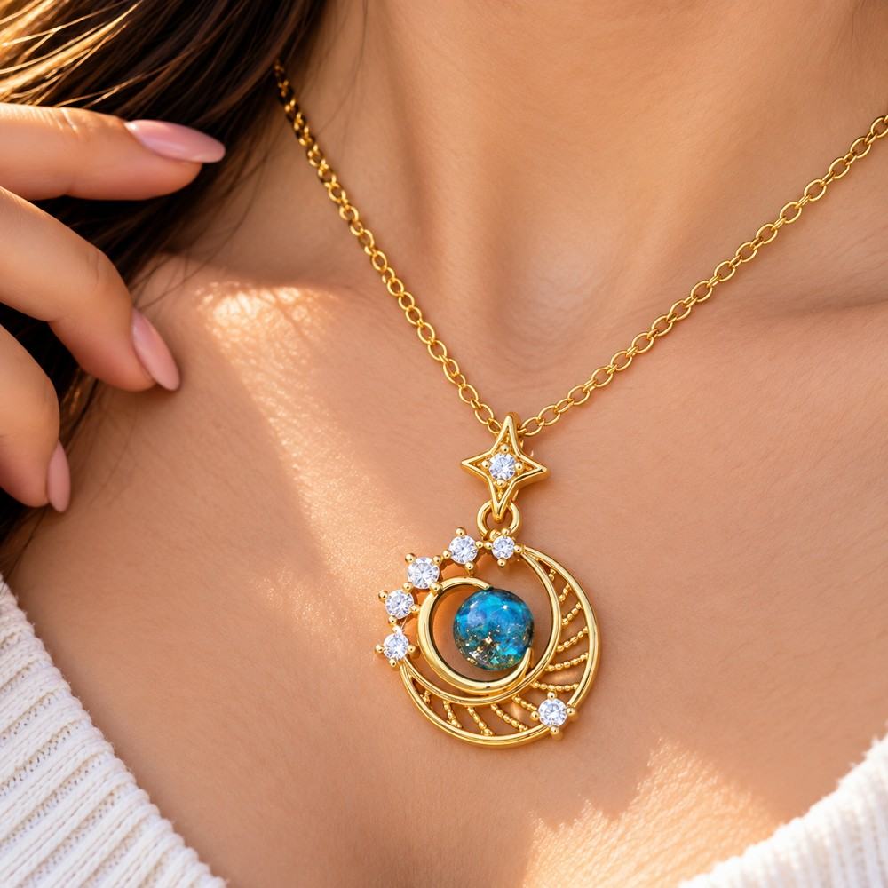 Blue Gemstone Crescent Moon Korean Stainless Steel Pendant Necklace