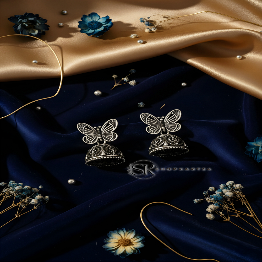 Butterfly Design Oxidised Silver Jhumki Earrings for Women
