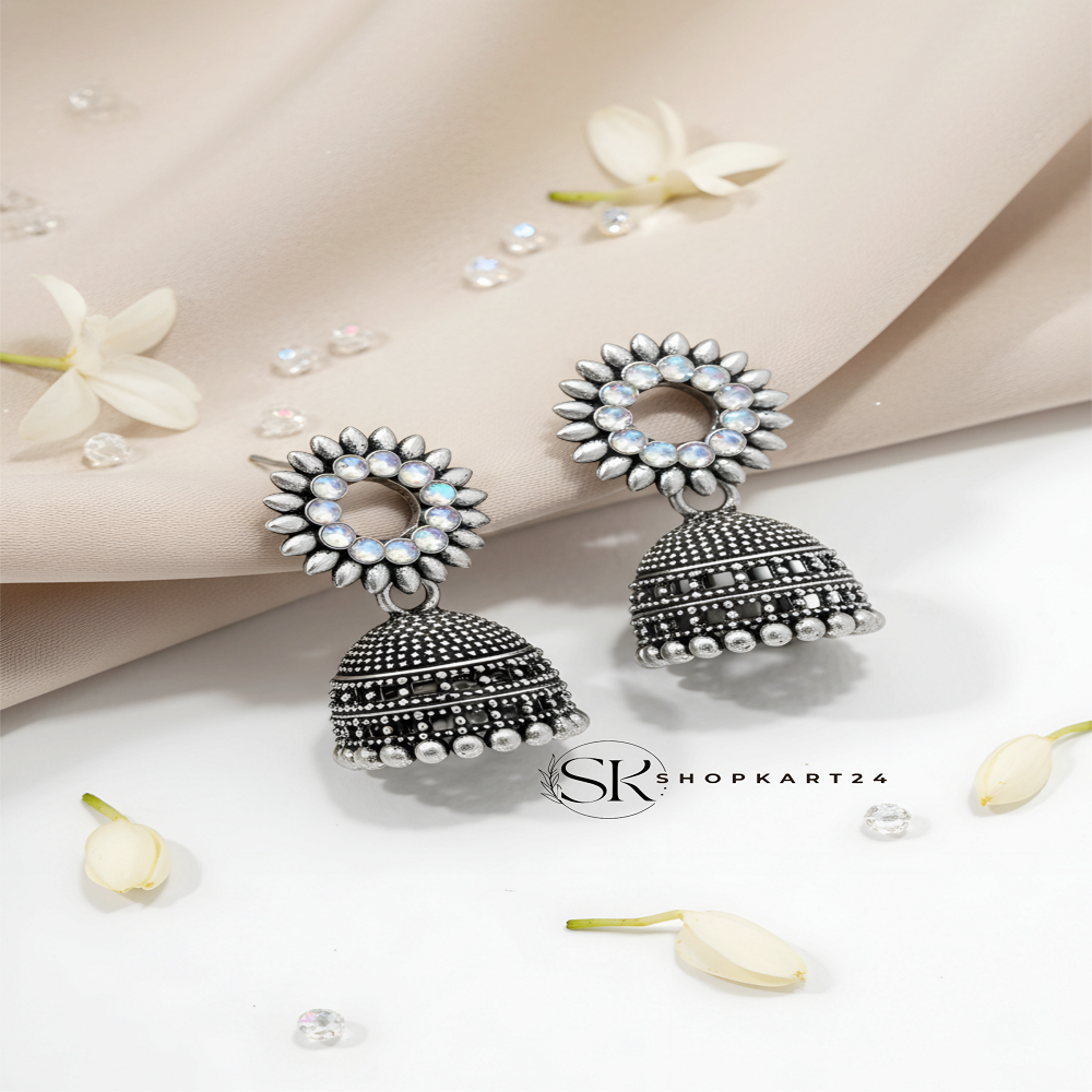 Crystal Stone Oxidised Silver Jhumki Earrings for Women