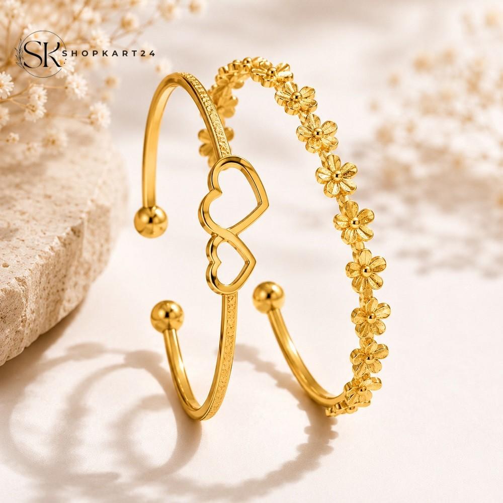 Double Heart Flower Adjustable Bracelet Set