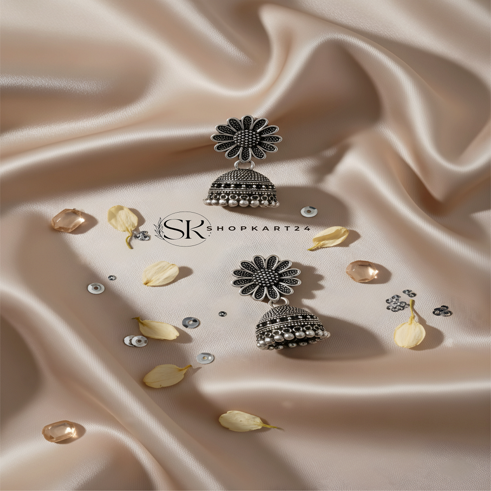Floral Design Oxidised Silver Jhumki Earrings