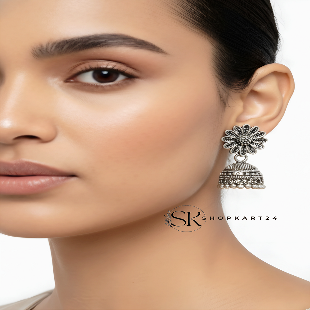 Floral Design Oxidised Silver Jhumki Earrings