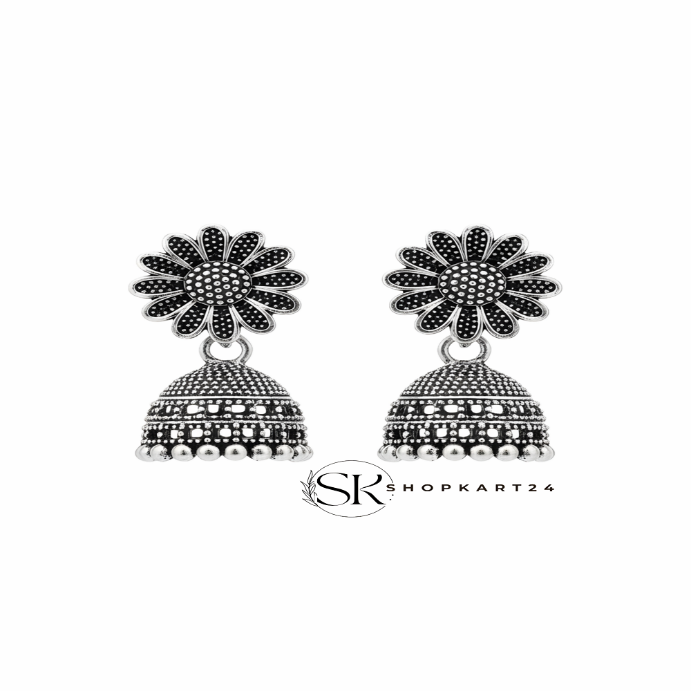 Floral Design Oxidised Silver Jhumki Earrings