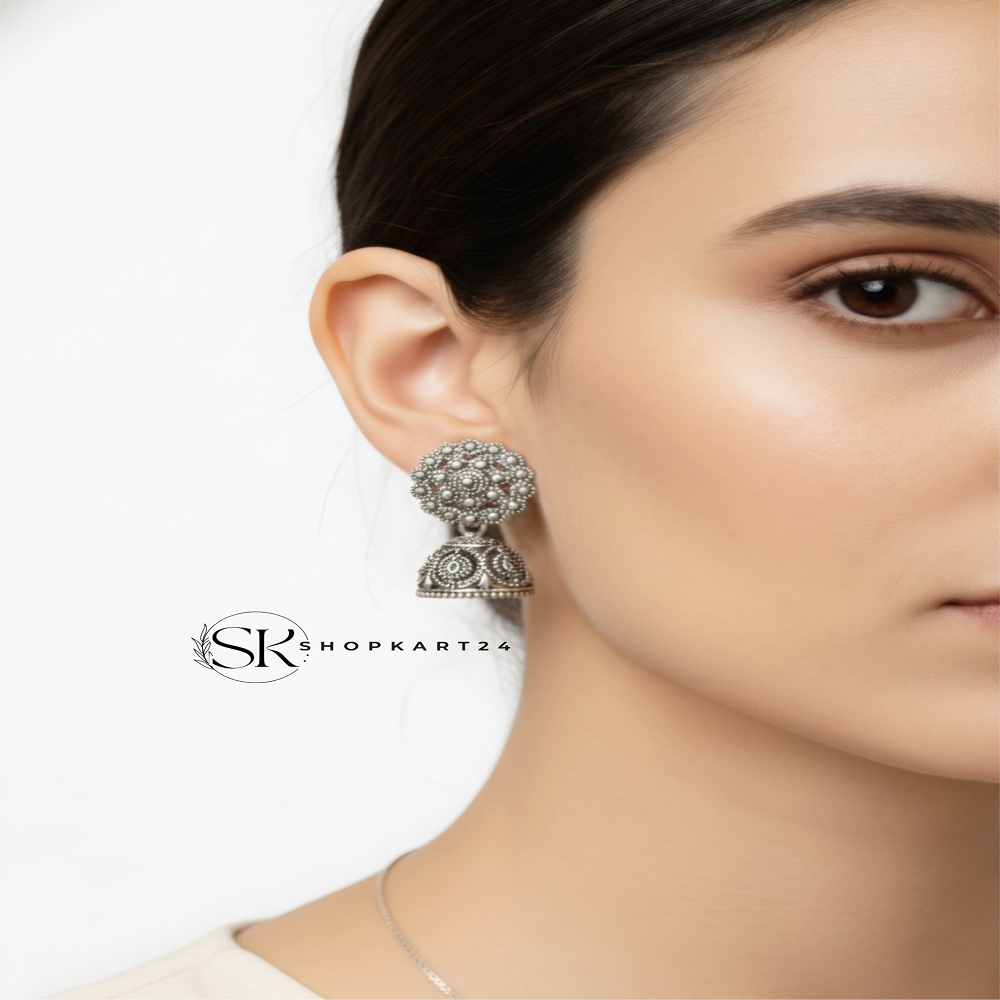 Floral Design Oxidised Silver Jhumki for Women