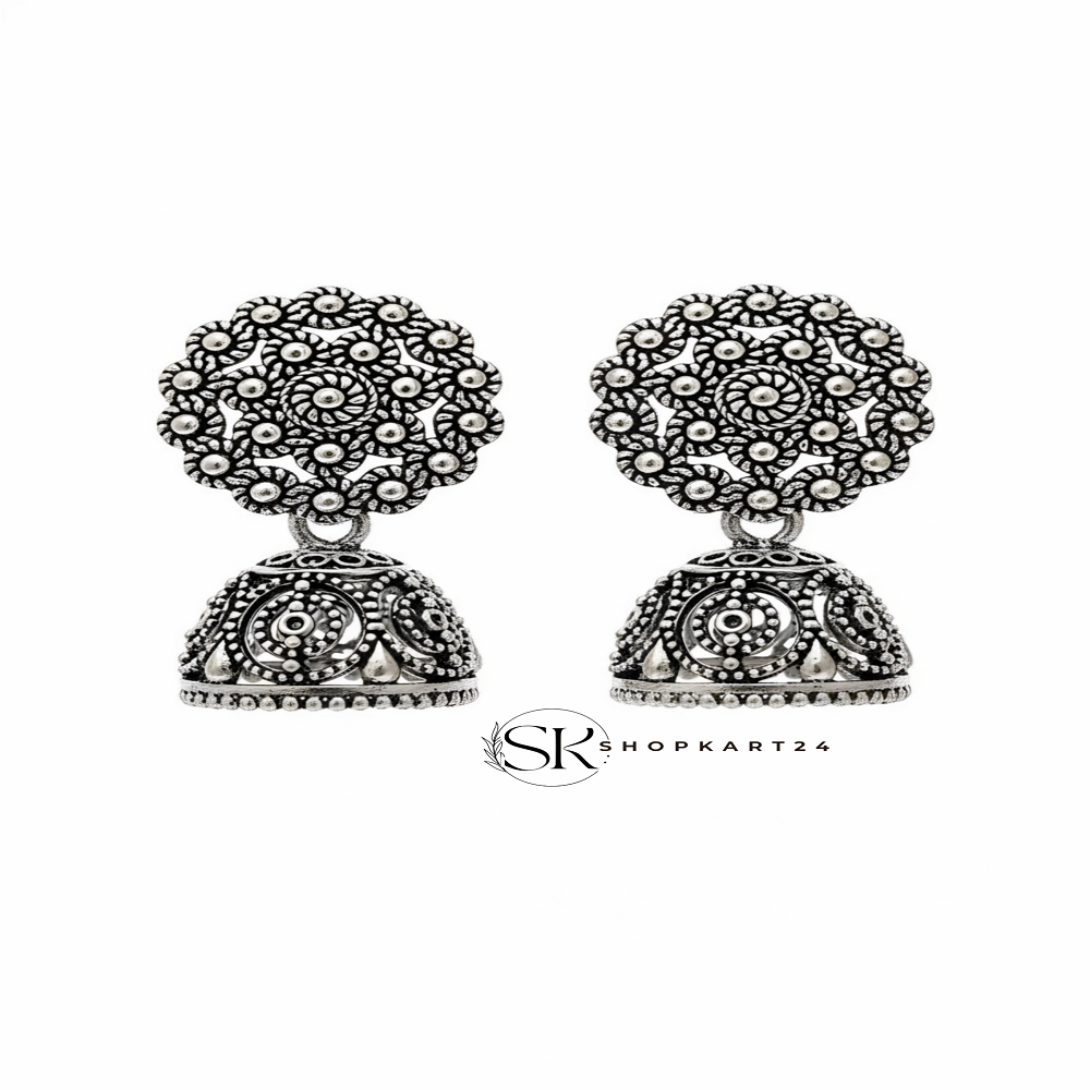 Floral Design Oxidised Silver Jhumki for Women