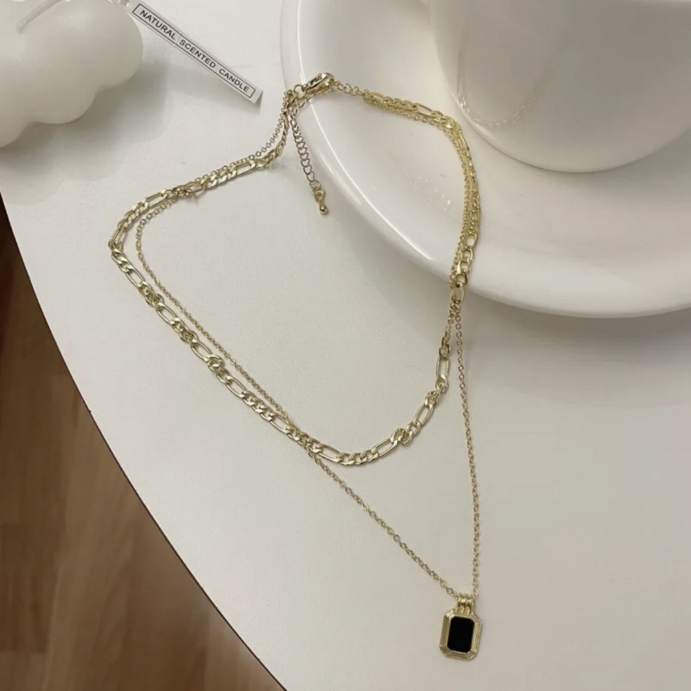 Gold Plated Black Square Stone Korean Pendant