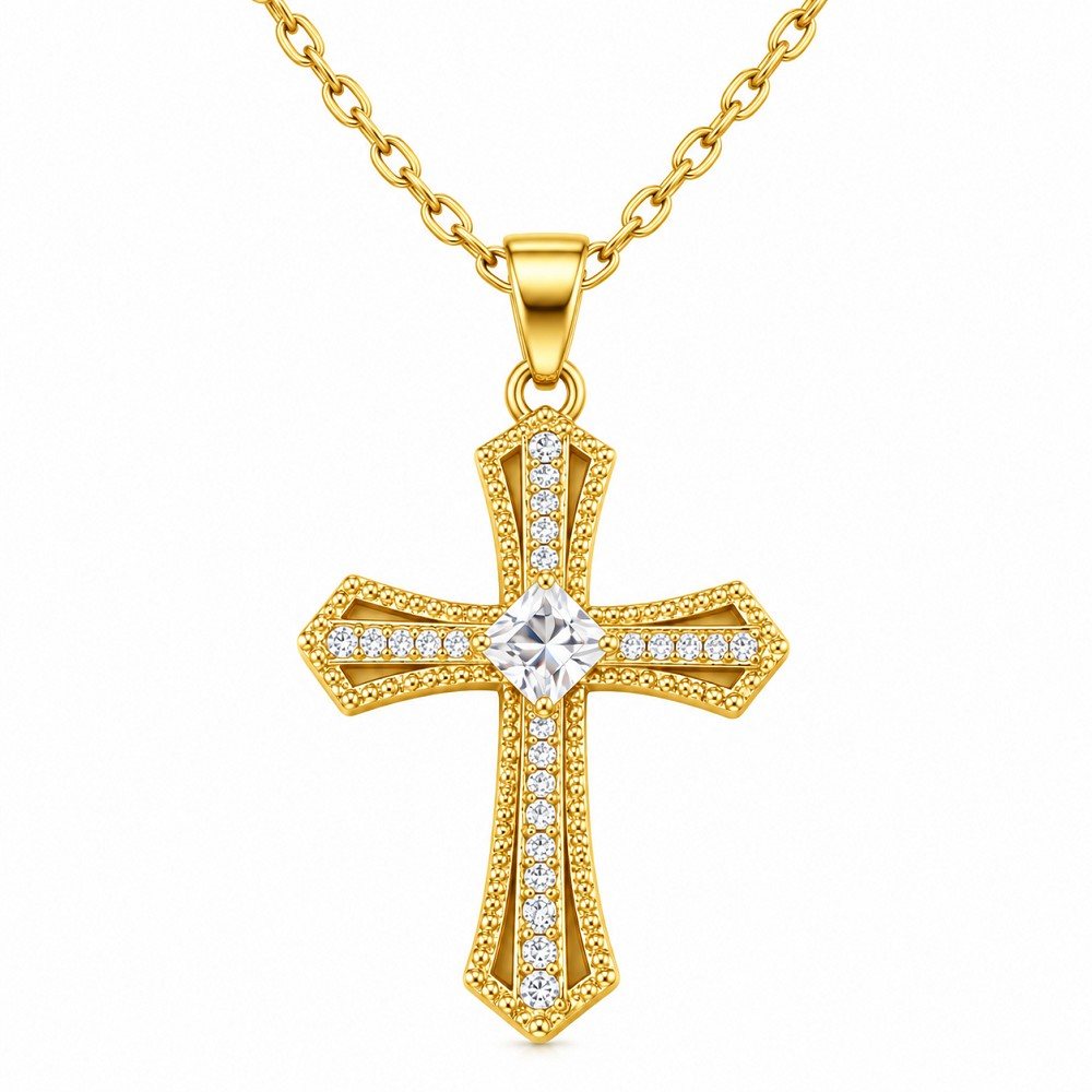 Golden Crystal Cross Korean Stainless Steel Pendant Necklace