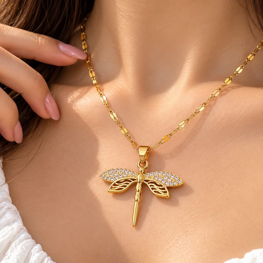 Golden Dragonfly Korean Stainless Steel Pendant Necklace