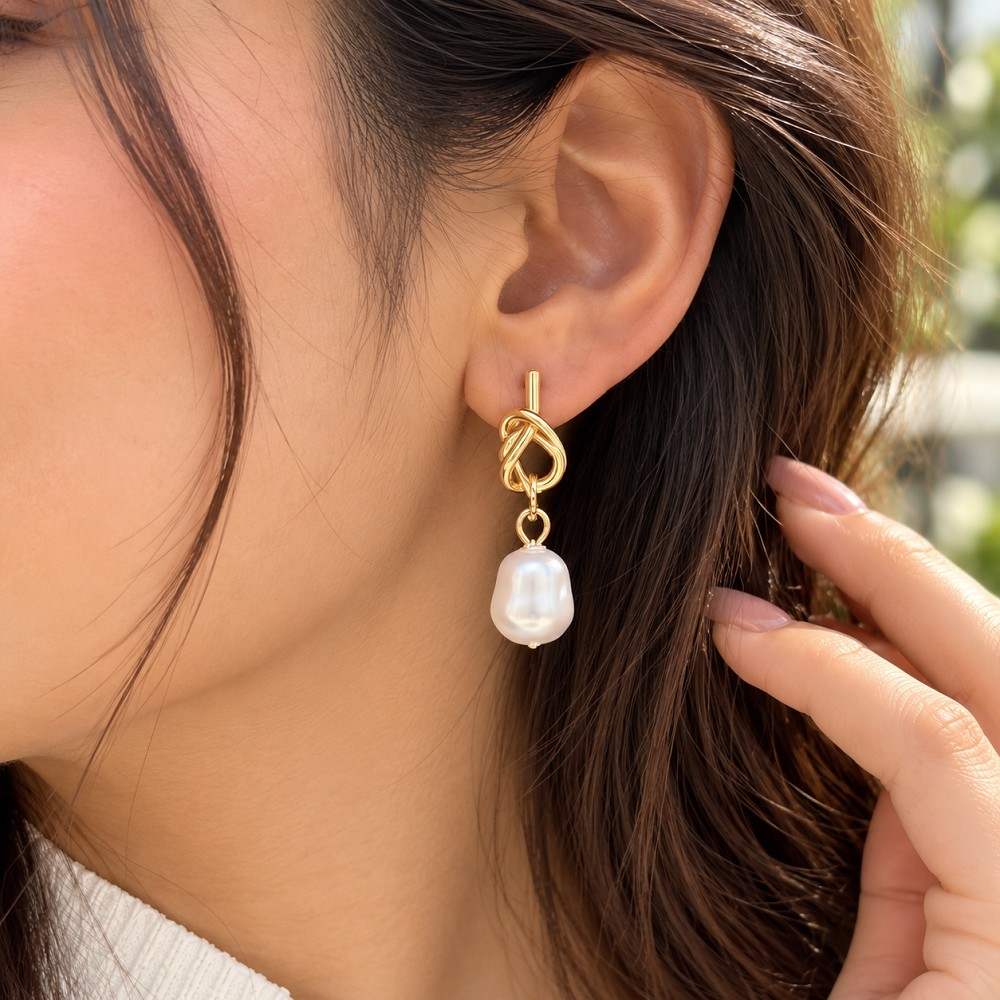 Golden Pearl Knot Earrings