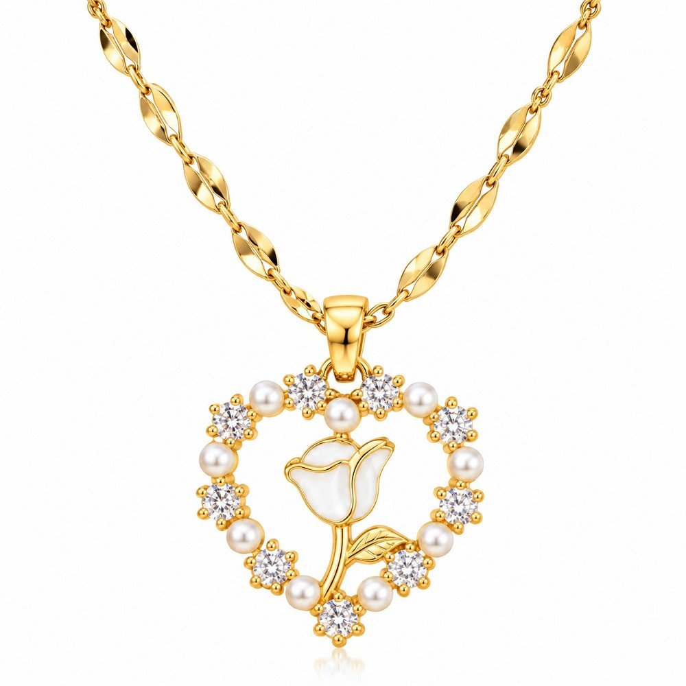 Golden Rose Pearl Korean Stainless Steel Pendant Necklace