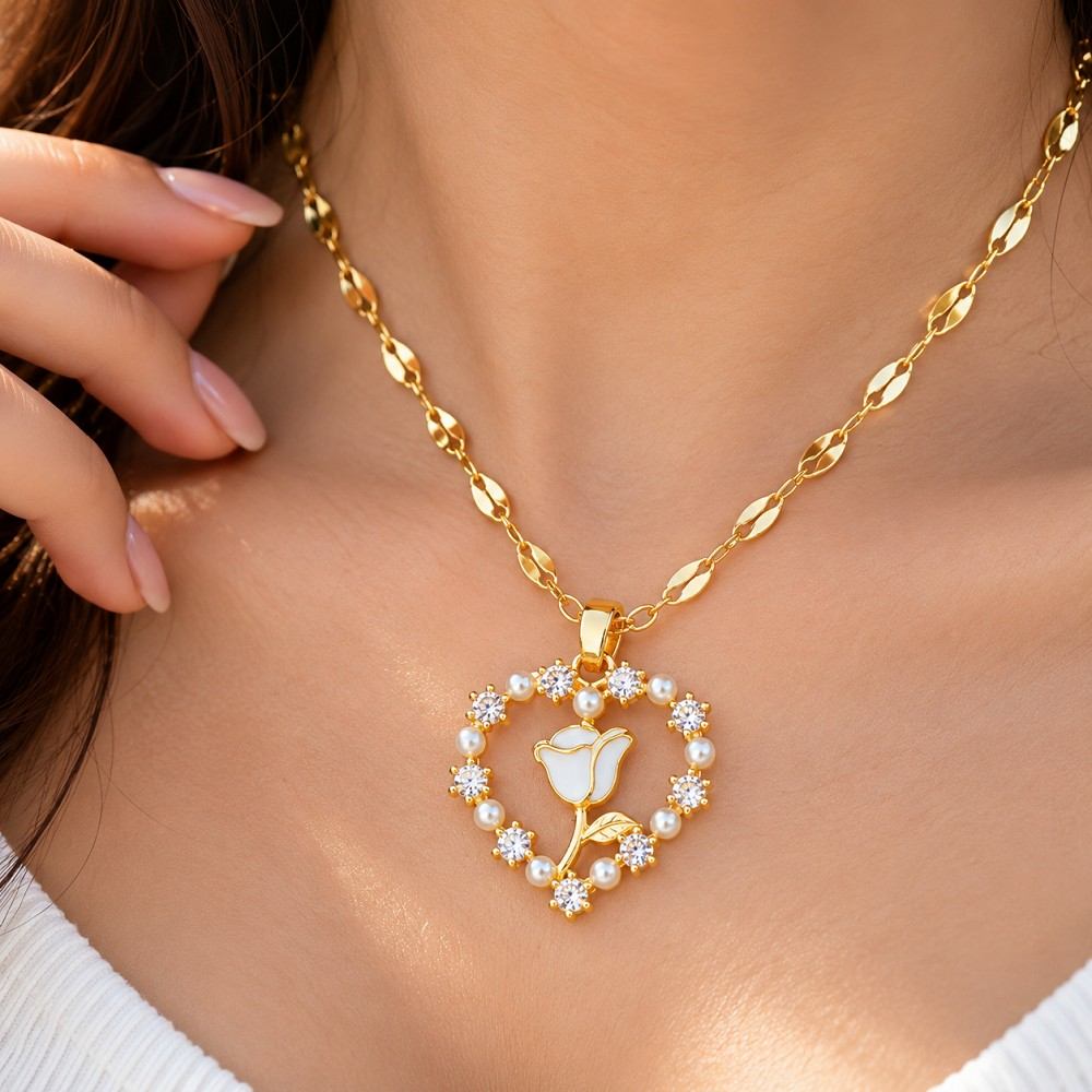 Golden Rose Pearl Korean Stainless Steel Pendant Necklace