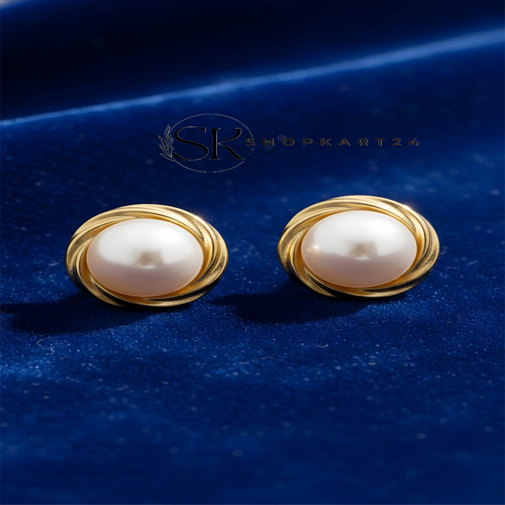 Golden Round Pearl Stud Earring