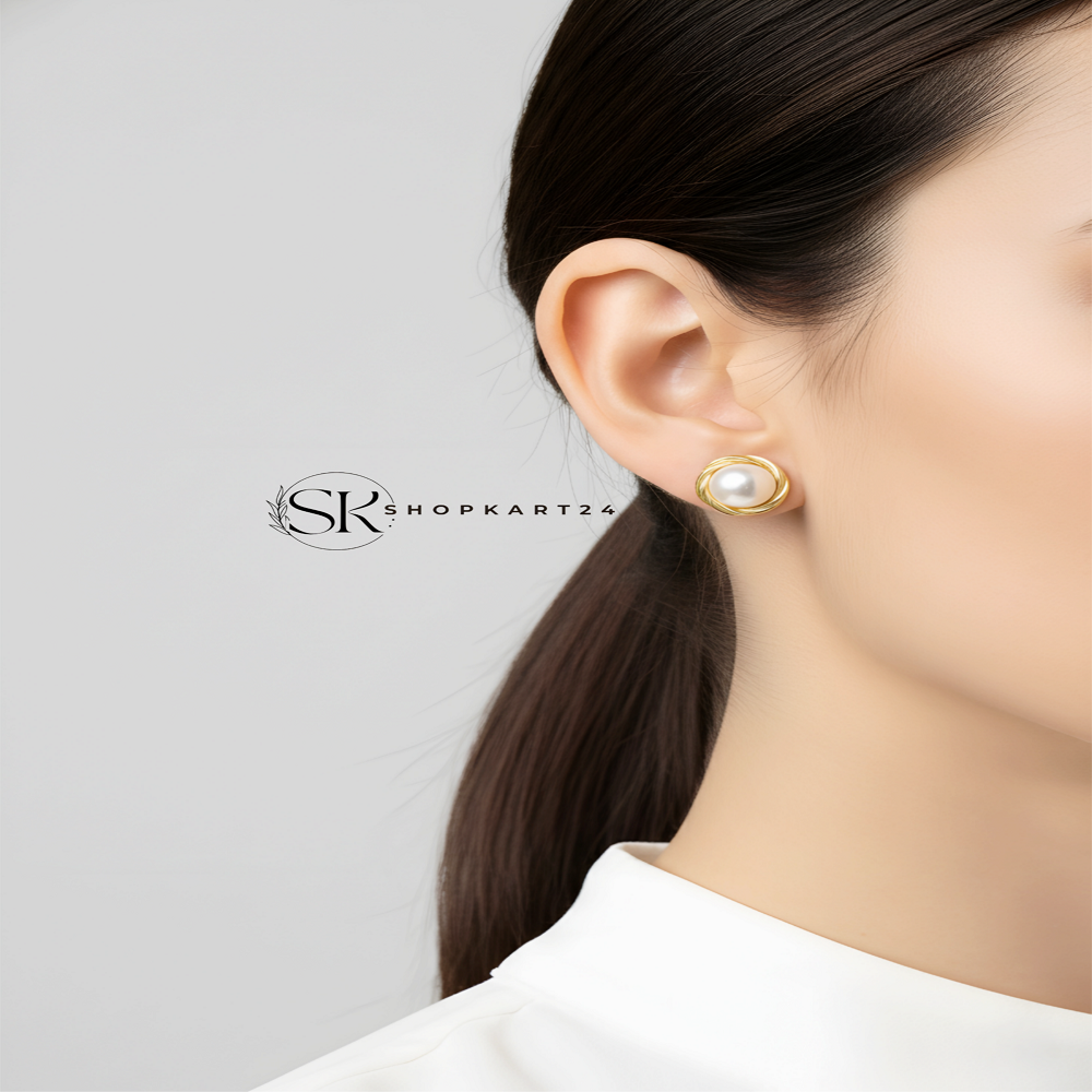 Golden Round Pearl Stud Earring