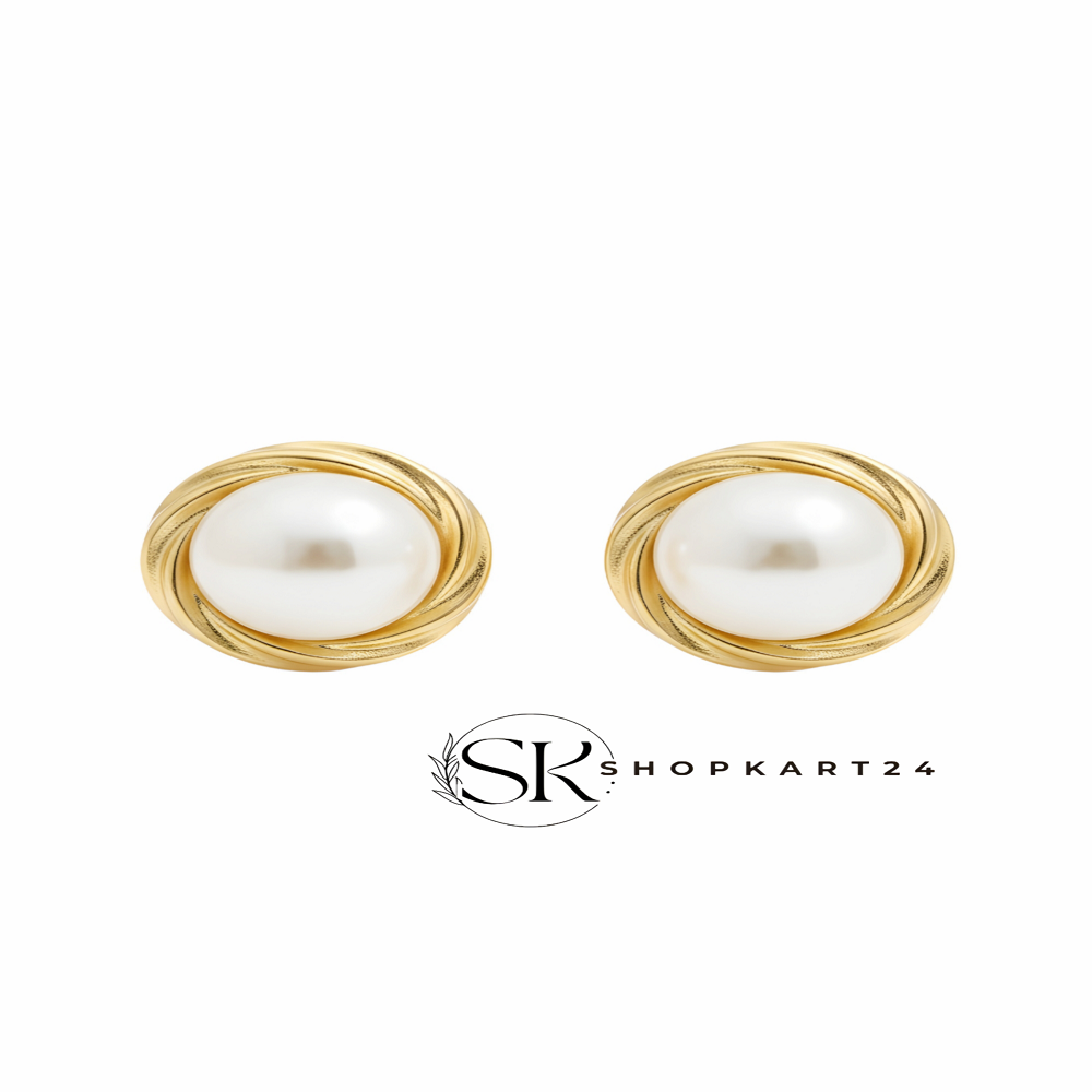 Golden Round Pearl Stud Earring