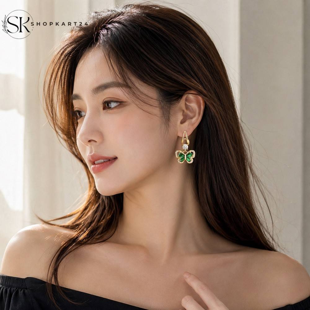 Green Crystal Butterfly Luxe Earrings