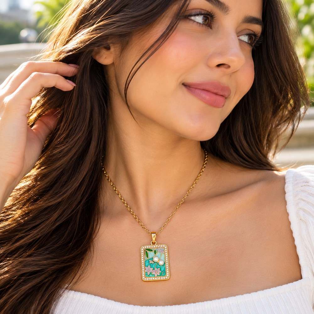 Green Floral Pearl Korean Stainless Steel Pendant Necklace