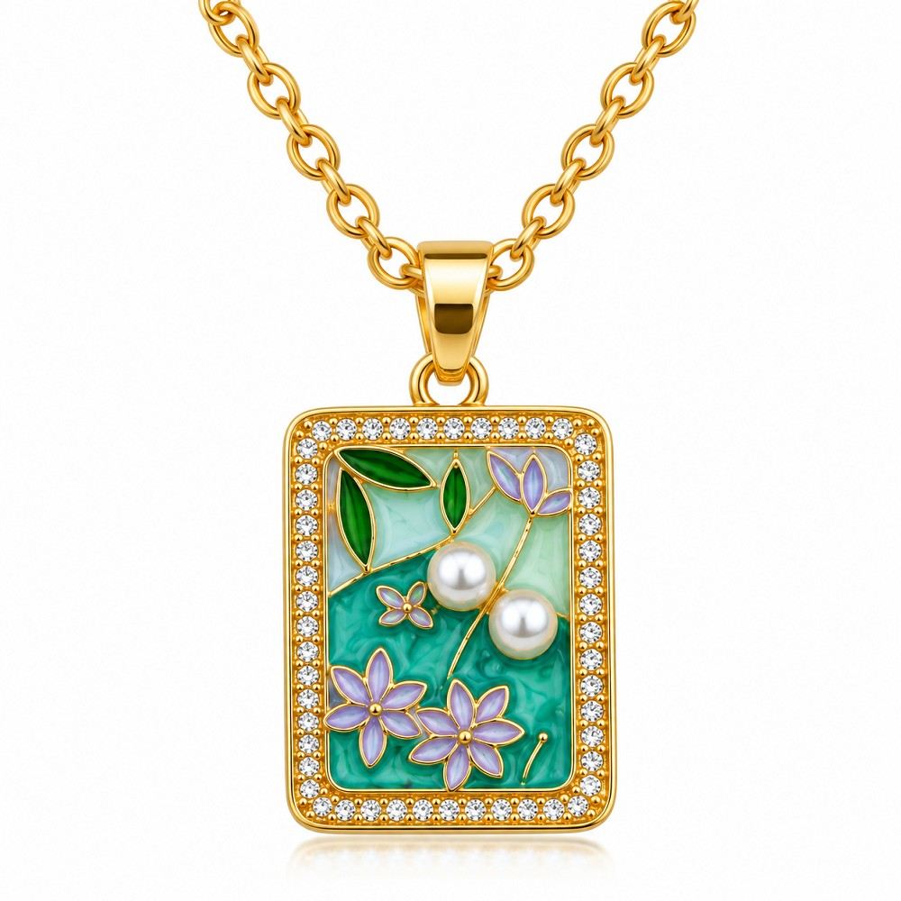Green Floral Pearl Korean Stainless Steel Pendant Necklace