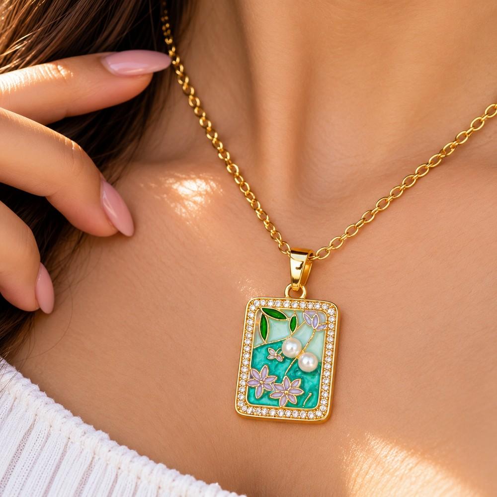 Green Floral Pearl Korean Stainless Steel Pendant Necklace