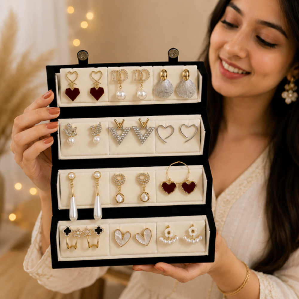 Korean Earring Everyday Wear Combo Set With Jewellery Organiser Box
