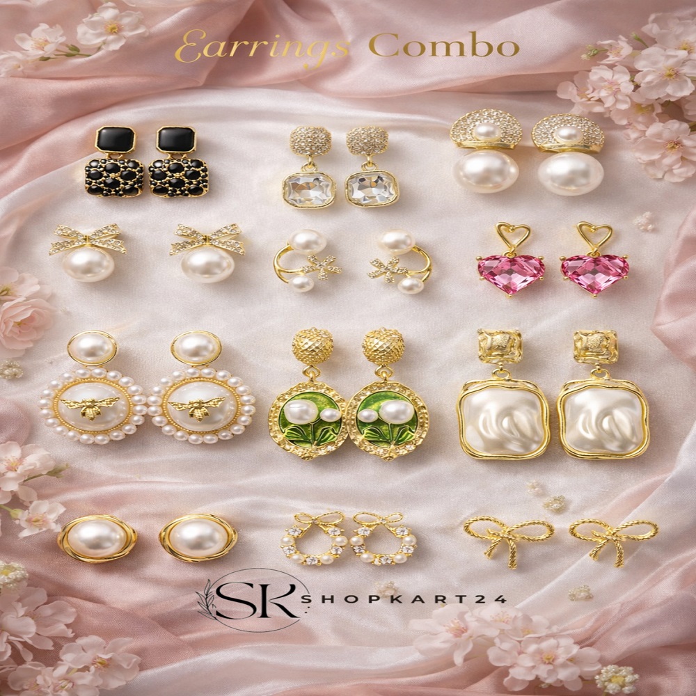 Korean Earrings Combo – 12 Pair Stylish & Trendy Earrings Set for Women | Shopkart24