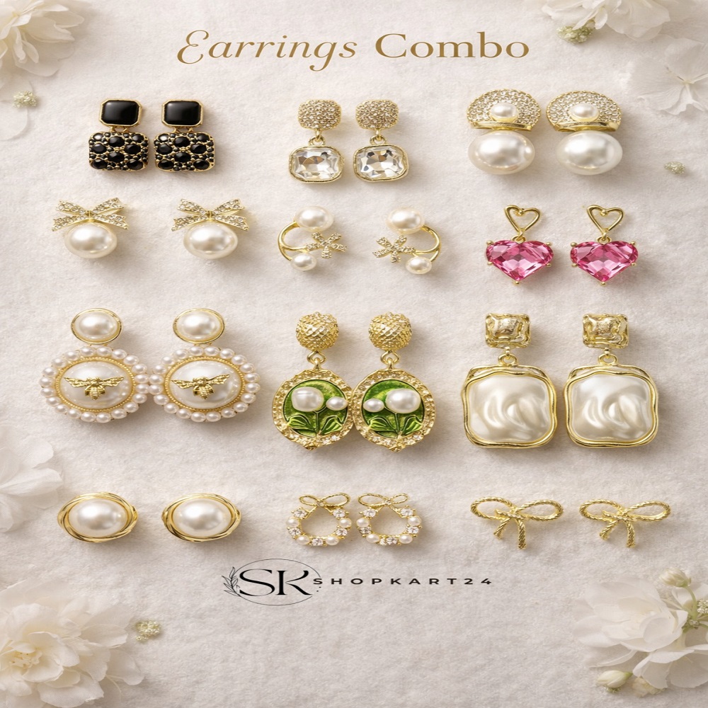 Korean Earrings Combo – 12 Pair Stylish & Trendy Earrings Set for Women | Shopkart24