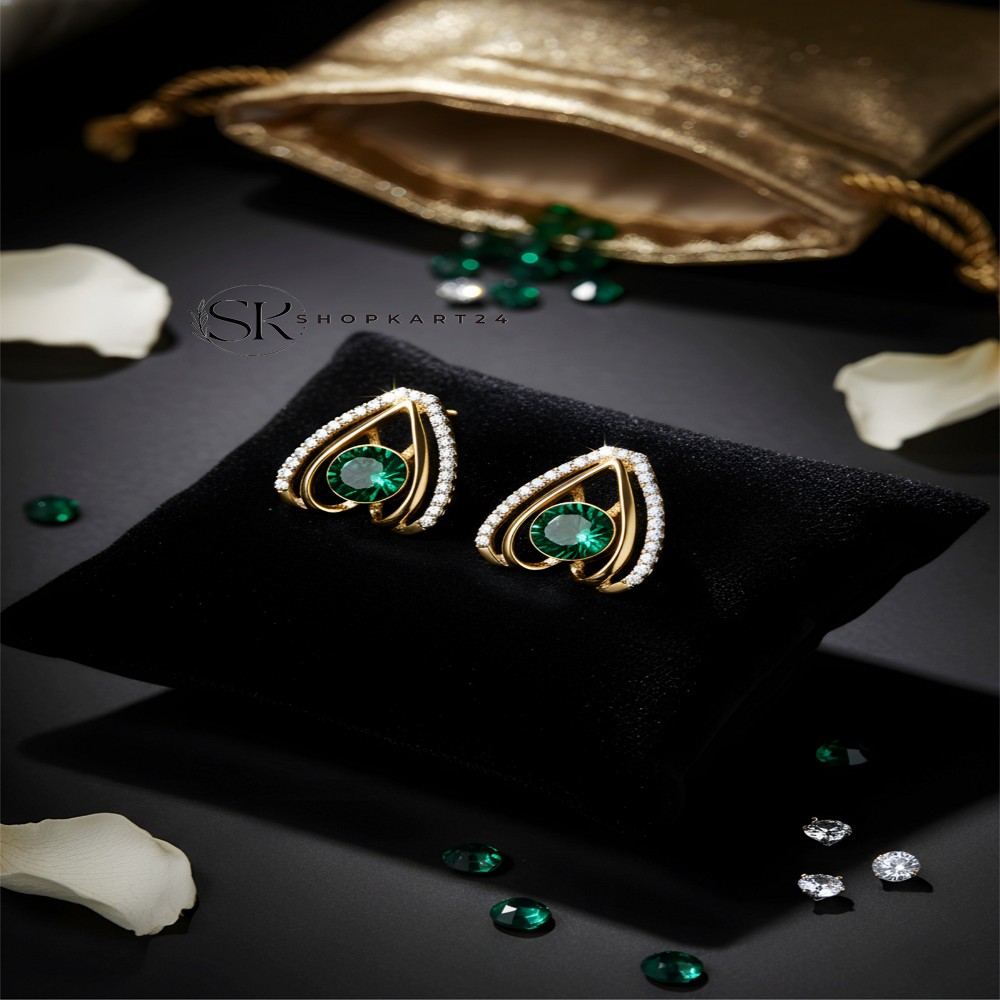 Korean Green Stone Gold Stud Earrings for Women