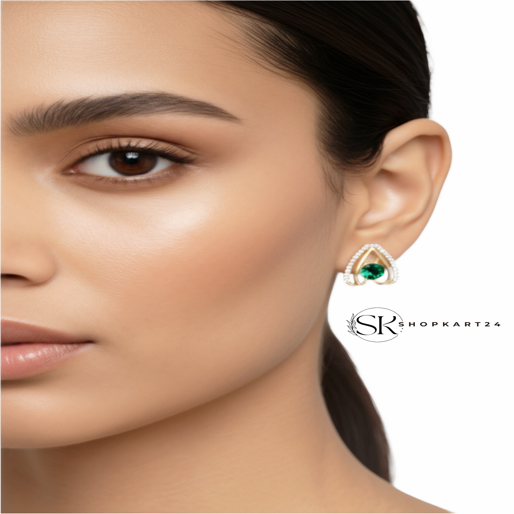 Korean Green Stone Gold Stud Earrings for Women
