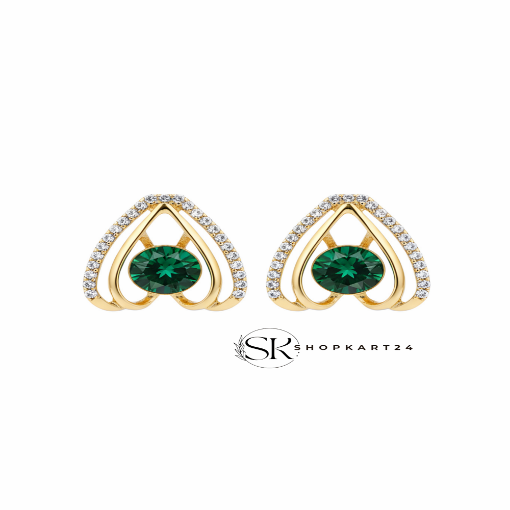 Korean Green Stone Gold Stud Earrings for Women