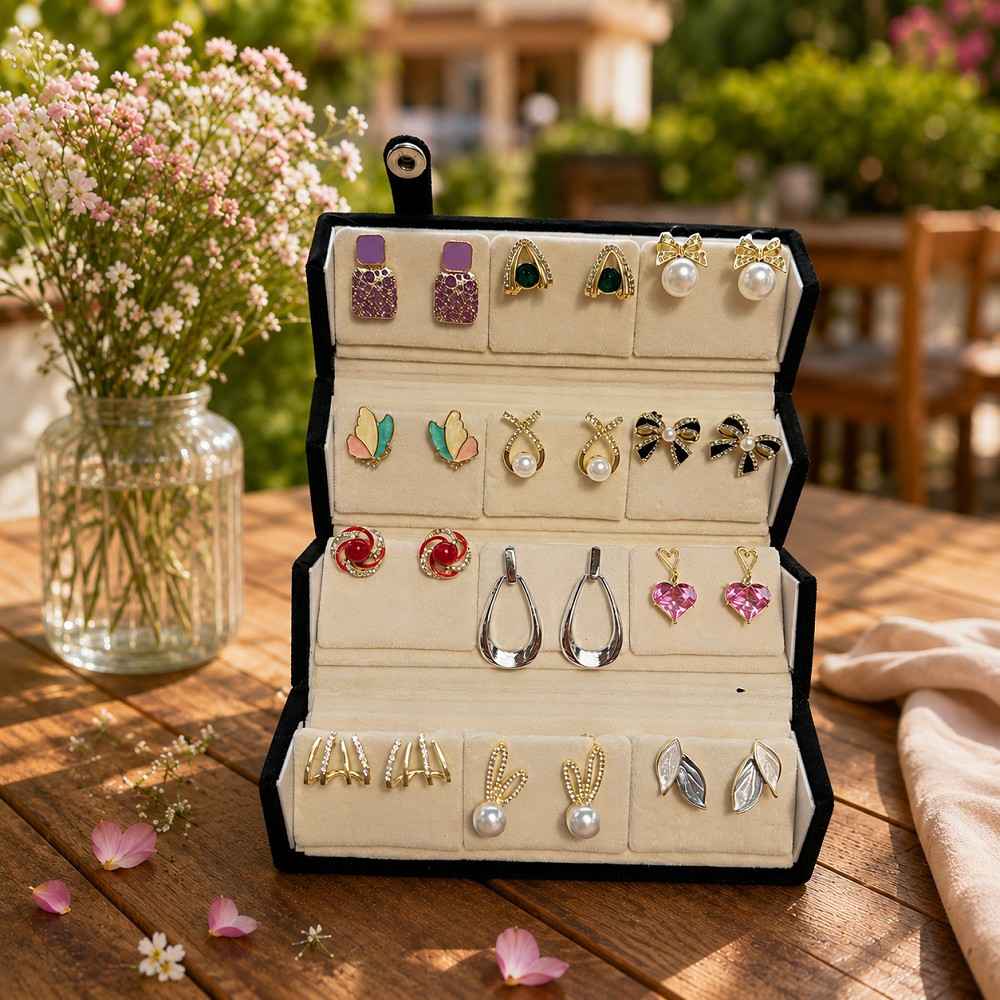 Korean Jewellery Combo Set of 12 Pair Earring With Folding Jewelry Box