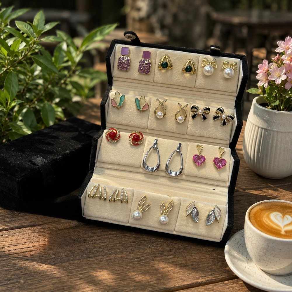 Korean Jewellery Combo Set of 12 Pair Earring With Folding Jewelry Box